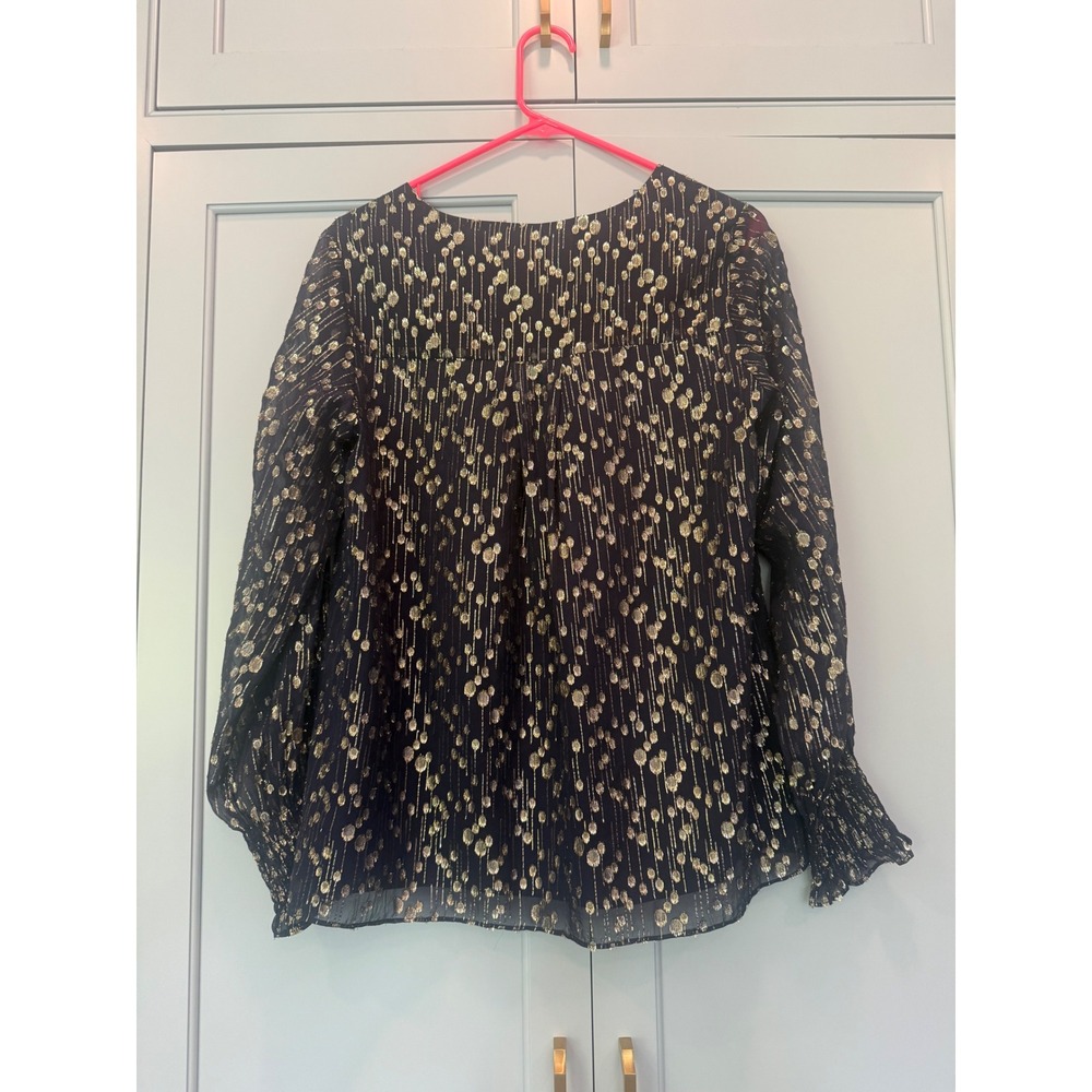 Sail to Sable STS Navy Gold Metallic Blouse Smocked Poet Cuff S heritage silk - Picture 7 of 9